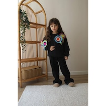 Lolliboomkids Yeni Sezon Yumuşacık 3 İplik Polarlı Motif Nakış İşlemeli Siyah Renk Sweatshirt - Eşofman Alt Üst Takım Siyah