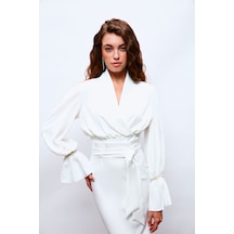 Sateen Kol Aksesuar Detaylı Bluz - Ekru-133704 Ekru