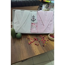 Çeyizlik Aile Bornoz Seti 4 Parça Pudra Beyaz Çok Renkli