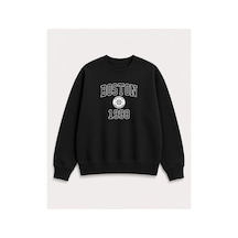Herkesemoda Boston Baskı Detaylı Bisiklet Yaka Şardonlu 2 İplik Sweatshirt Siyah