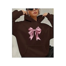 Herkesemoda Pembe Kurdele Baskılı Kapşonlu Sweatshirt Kahverengi