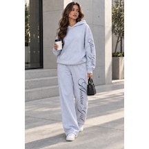 Macklin Unisex Kadın Erkek Martini Girl Kol Paça Baskılı Oversize 3 İplik Kapüşonlu Sweatshirt Ve Baggy Eşofman Altı Gri Melanj
