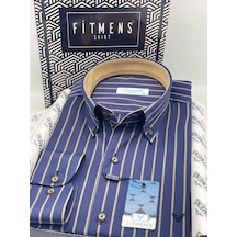 Slim Fit Uzun Kol Premium Çizgili Yaka Düğmeli Hediye Kutulu Erkek Gömlek Fs-004335 - Lacivert Bej-2902