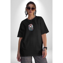 Deniz Kızı Çiçek Siyah Oversize Unisex Ön Orta Minimal Baskılı Tişört Siyah