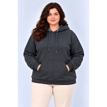Battal Büyük Beden Üç İplik İçi Şardonlu Kapüşonlu Kanguru Cepli Kışlık Sweatshirt - Füme