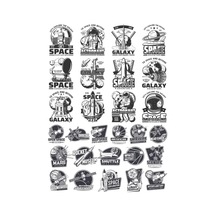 Siyah Beyaz Retro Uzay Sticker Set 28 Parça Telefon, Tablet, Defter, Laptop Sticker
