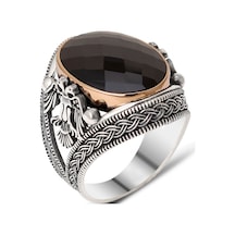 Siyah Oniks Taşlı Çift Başlı Kartal Işlemeli Gümüş Erkek Yüzük