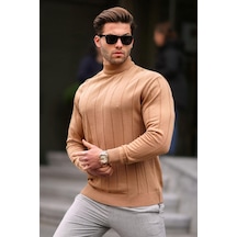 Madmext Bej Slim Fit Yarım Balıkçı Yaka Çizgili Tüylenmeyen Erkek Triko Kazak 6344 Bej