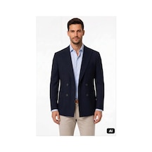 Markasız Lacivert Slim Fit Dar Kalıp Kırlangıç Yaka Çizgili Uzun Kollu Pamuklu Ceket-25102
