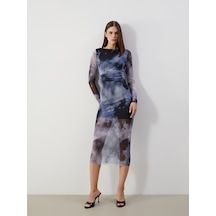 Lcw Vision Lacivert Bisiklet Yaka Batik Desenli Kadın Bodycon Elbise
