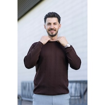 Hk Premium Bisiklet Yaka Örgü Desenli Slim Fit Triko Kazak Kahverengi