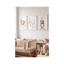 Beyaz Ahşap Çerçeveli Love Yazılı Bebek Odası Hayvan Figürlü Duvar Tablosu 3 Lü Set Beyaz