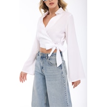Blayn Jeans Blayn Kadın Beyaz Kruvaze Yaka Belden Bağlamalı Uzun Kollu Şık Bluz