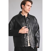 Defacto Regular Fit Polo Yaka Çıtçıtlı Cepli Suni Deri Mont H2826ax26aubk27 Siyah-bk27