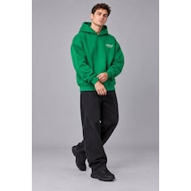 Genel Markalar Unisex Oversize Pikeli Double Face Kapüşonlu Sweatshirt Yeşil