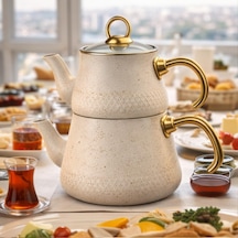 Beyaz Emaye Çaydanlık Seti, Granit Görünümlü Altın Detaylı Çaydanlık, Isıya Dayanıklı Demlik Takımı, Modern Şık Çaydanlık Seti