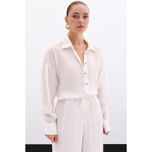 Sateen Düğme Aksesuarlı İnce Gömlek - Ekru-136086 Ekru