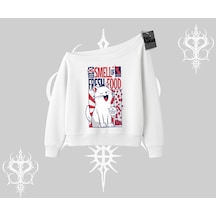 Smell Of Fresh Food Kedi Baskılı Kayık Yaka Sweatshirt Beyaz