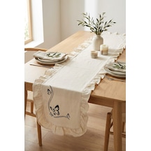 Siyah Kelebek Nakış Detaylı Fırfırlı Masa Runner 40x120 Cm Şık Dekoratif Masa Ve Konsol Örtüsü Açık Bej