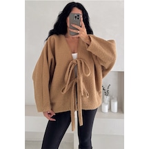 Femelle Camel Bürümcük Bağlamalı Oversize Hırka Yarasa Kol Standart Beden