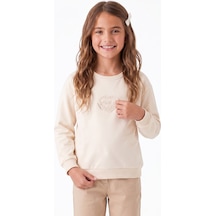 Onloox Kız Çocuk Krem Kız Çocuk Krem Pamuklu Bisiklet Yaka Uzun Kollu Güpürlü Kalp Arma Detaylı Sweatshirt 2-6 Yaş