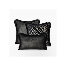 "noir Zebra" Püsküllü Kırlent Kılıfı Seti - Gold Gold - Siyah