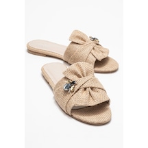 Luvishoes Luvi Shoes Donald Bej Hasır Fiyonklu Arı Tokalı Kadın Terlik Bej