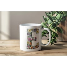 E Baş Harf Çiçek Desenleri İle Natural Tarz Kupa Bardak - Kişiye Özel Çiçekli Kahve Çay Bardak - Beyaz