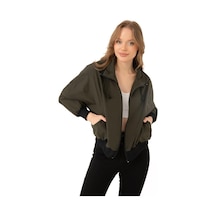 Spor Kadın Dik Yaka Su Ve Rüzgar Geçirmez Oversize Crop Mevsimlik Yağmurluk Rüzgarlık-133 Haki