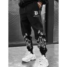 Legnd Fire & Letter Graphic Drawstring Waist Eşofman Altı Siyah