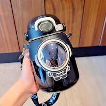 Velvettides Yaratıcı Çocuk Termos Kupası Sevimli Büyük Kapasiteli Saman Kupası Kız Yüksek Değerli Karikatür Paslanmaz Çelik Su Bardağı Siyah