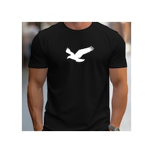 Caddemia Yaz  Moda Rahat Spor Gevşek Siluet Kartal Desen Baskılı Yuvarlak Boyun Siyah 2XL