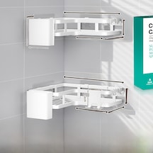 Xiyyadms Duvar Üstü Köşe Depolama Rafı - İki Katlı Beyaz, Delme Yok Kurulum, Banyo/mutfak/evde Kullanım, Pas Koruyucu, Boşluk Tasarrufu Diğer