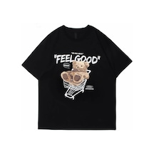 Flood Of Style Siyah Feel Good Ayı Baskılı Oversize Bisiklet Yaka Erkek Tişört