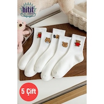 Hitit Socks Kadın 5 Çift Premium Kalite Beyaz Renkli Ayıcık Ve Kalp Desenli Kısa Soket Çorap Çok Renkli