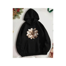 Herkesemoda Leopar Desenli Çiçek Baskı Detaylı İçi Polarlı Kapüşonlu Sweatshirt Siyah