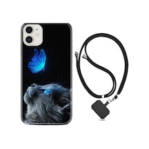 Apple Uyumlu iPhone 13 Kılıf Boyun Askılı Butterfly Cat 1891