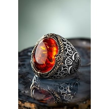 Takılingo Oval Kehribar Taşlı Vav Işemeli Erkek Yüzük Gümüş