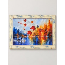 Ahşap Eskitme Çerçeve Desenli Kuğu Ve Kuş Figürlü Dekoratif Ahşap Tablo 52x37 Cm