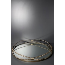 Gold Eskitme Antik Hasır Desenli Içi Aynalı Yuvarlak Metal Tepsi Gold Eskitme