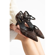 Dabab Shoes Amour Kadın Acı Kahve Sivri Burun 6 Cm Topuklu Dantel Dokulu Bilekten Bantlı Klasik Topuklu Ayakkabı Kahverengi