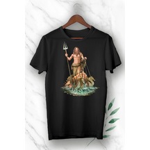 Mitoloji Denizler Tanrısı Poseidon Baskılı Beyaz Unısex Tişört Siyah