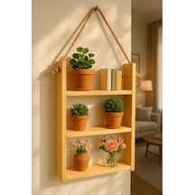 3 Katlı Dekoratif Ahşap Halatlı Duvar Rafı Kitaplık & Çiçeklik Uçan Raf 40cm Genişlik X 9cm Derinlik Çam Ağacı