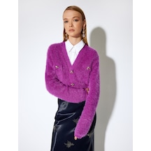 Koton Koton X Melis Ağazat - Uzun Kollu Taşlı Düğme Detaylı V Yaka Peluş Hırka Mor 5wak90682ht Mor