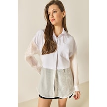 Shade Kadın Organze Tül Detaylı Oversize Gömlek 60502 60283263 - Beyaz