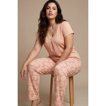 Siyah İnci Dantelli Büyük Beden Battal Viskon Örme Pijama Takım 8066 Somon