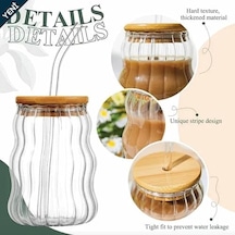500ml Bambu Kapaklı Cam Bardak, Cam Pipetli Silikon Kapak Contalı Desenli Sıcak Soğuk İçecekler Kahve Meyve Suları Ve Çayları İçin Şık Ergonamik Tasarım Açık Beyaz