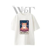 Thewert Karma Cat Tasarım Baskılı Ünisex Beyaz Oversize T-shirt