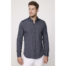 Tudors Slim Fit Pamuklu Kolay Ütü Çizgili Lacivert Erkek Gömlek-27784-lacivert Lacivert