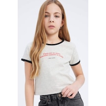 DeFacto Kız Çocuk Slim Fit Dar Kesim Bisiklet Yaka Baskılı Fitilli Kaşkorse Kısa Kollu Tişört E0483A825SPGR379 Gri